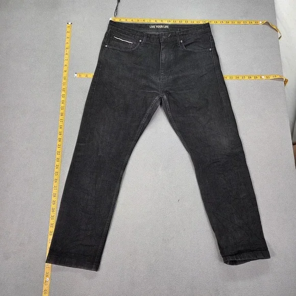 SPAO Jeans Mens 34x26 Black Tapered Selvedge Denim Zip Fly Stretch Casual Pants